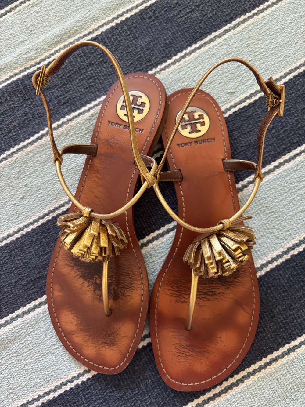 Tory Burch Cherilyn T Strap Sandals Gold size 9 - Picture 2 of 10